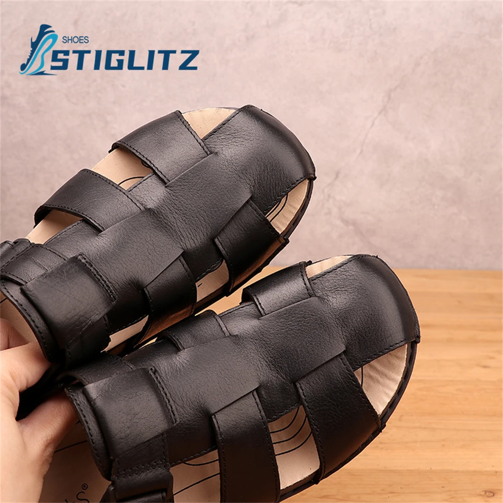 Braided Wide Belt Pig Cage Flats Black Genuine Leather Hollow Simple Casual Shoes Holiday Beach Non-Slip Sandals Roman Sandals