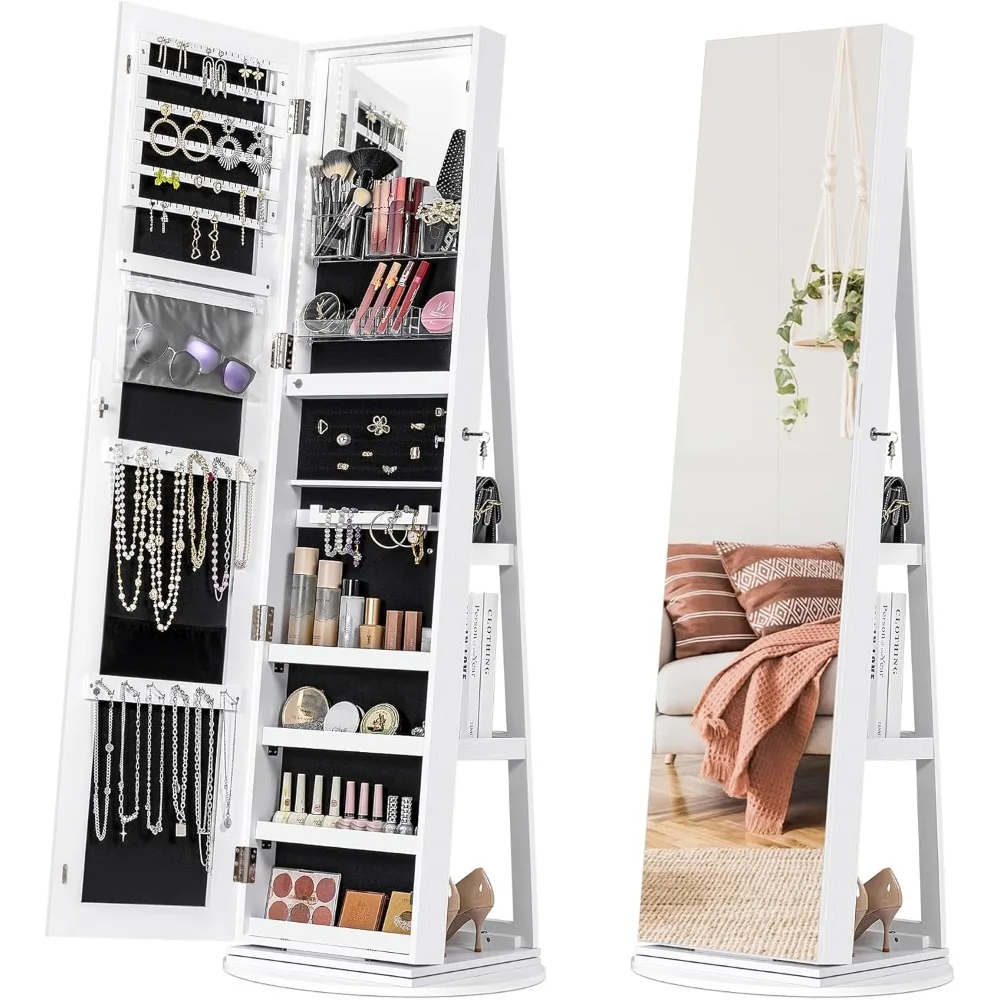 360° Swivel Mirror Jewelry Cabinet with Lights, Standing Lockable Jewelry Mirror Cabinets Organizer with 61 Inches  Mirror