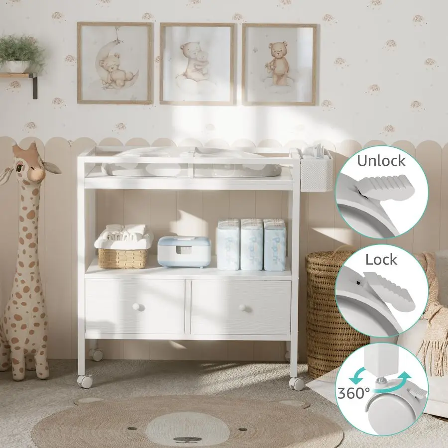طاولة تغيير حفاضات الأطفال مع مساحة تخزين، خزانة أطفال بيضاء مع سطح طاولة تغيير، محطة تغيير الحفاضات مع درجين من القماش لـ #6