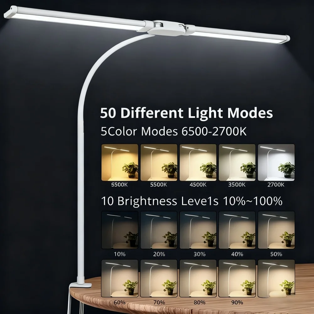 

Гибкая светодиодная настольная лампа для дома и офиса, архитектурный светильник с защитой для глаз, настольная лампа с двумя головками на прищепке для монитора компьютера