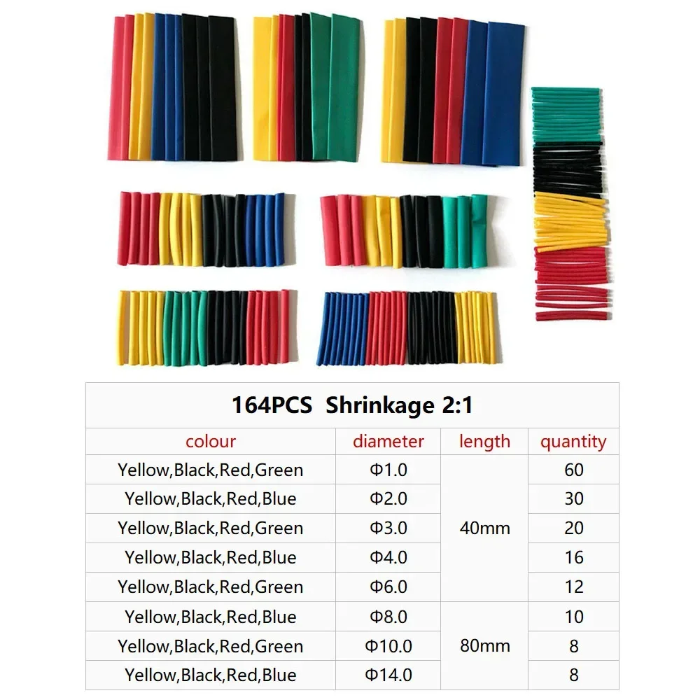 164PCS 2: 1 Cable Shrink Tube Kit Heat Assorted Pack Thermoretractile Insulation Sleeving Cable Wire Shrink Wrapping for DIY