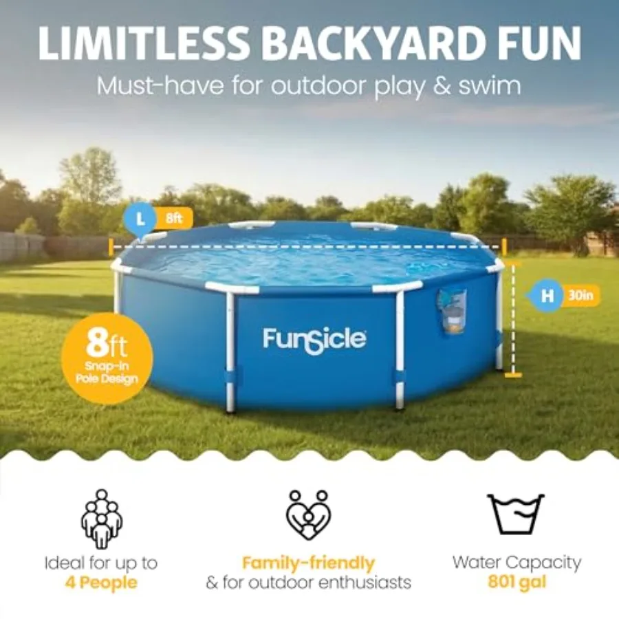 Above ground swimming pool for backyard use, steel frame with blue vinyl liner, rust-resistant construction and easy assembly