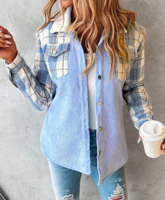 2023 Autumn Winter Spring New Fashion Casual Colorblock Plaid Print Corduroy Lined Shacket Coat Top Female Clothing Outfits