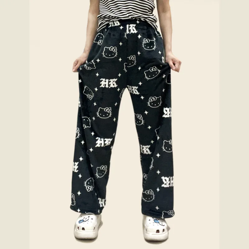 

Kawaii Hello Kitty Anime Pajama Pants Cartoon Sanrio Flannel Soft Trousers Girl Warm Casual Home Trousers Lovely Christmas Gift