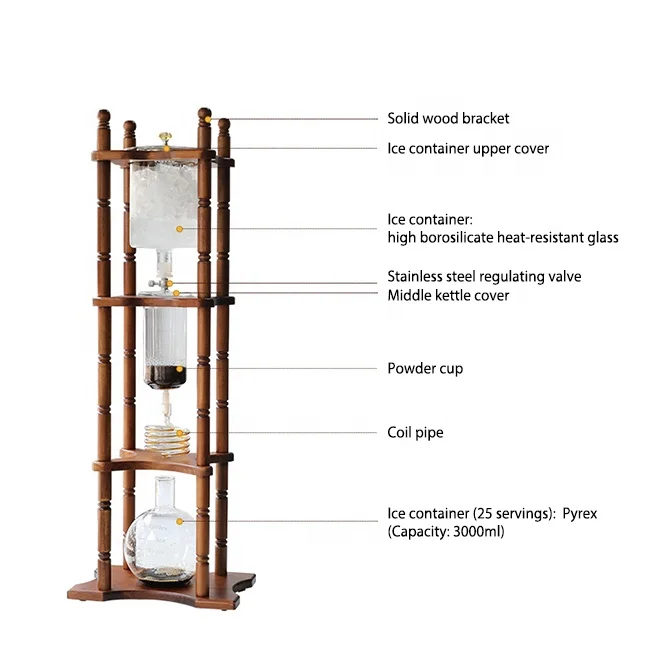 Wood Frame Espresso Slow Cold Brew 25 Cups Coffee Glass Pot Iced Drip Dutch Tower Cold Brew Coffee Maker Wood