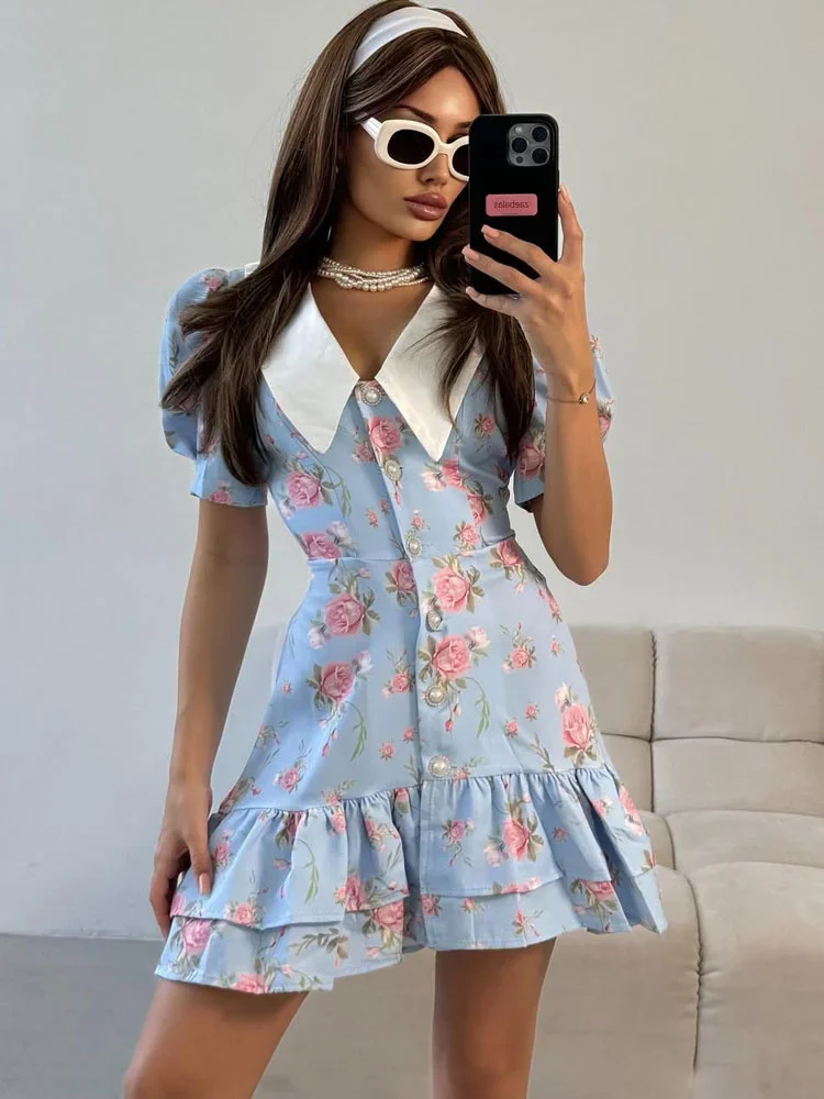 

Printed Lapel Fashion Mini Dress Women's Short Sleeve Patchwork Contrast Elegant Summer Dress 2025 Female Bodycon Dress