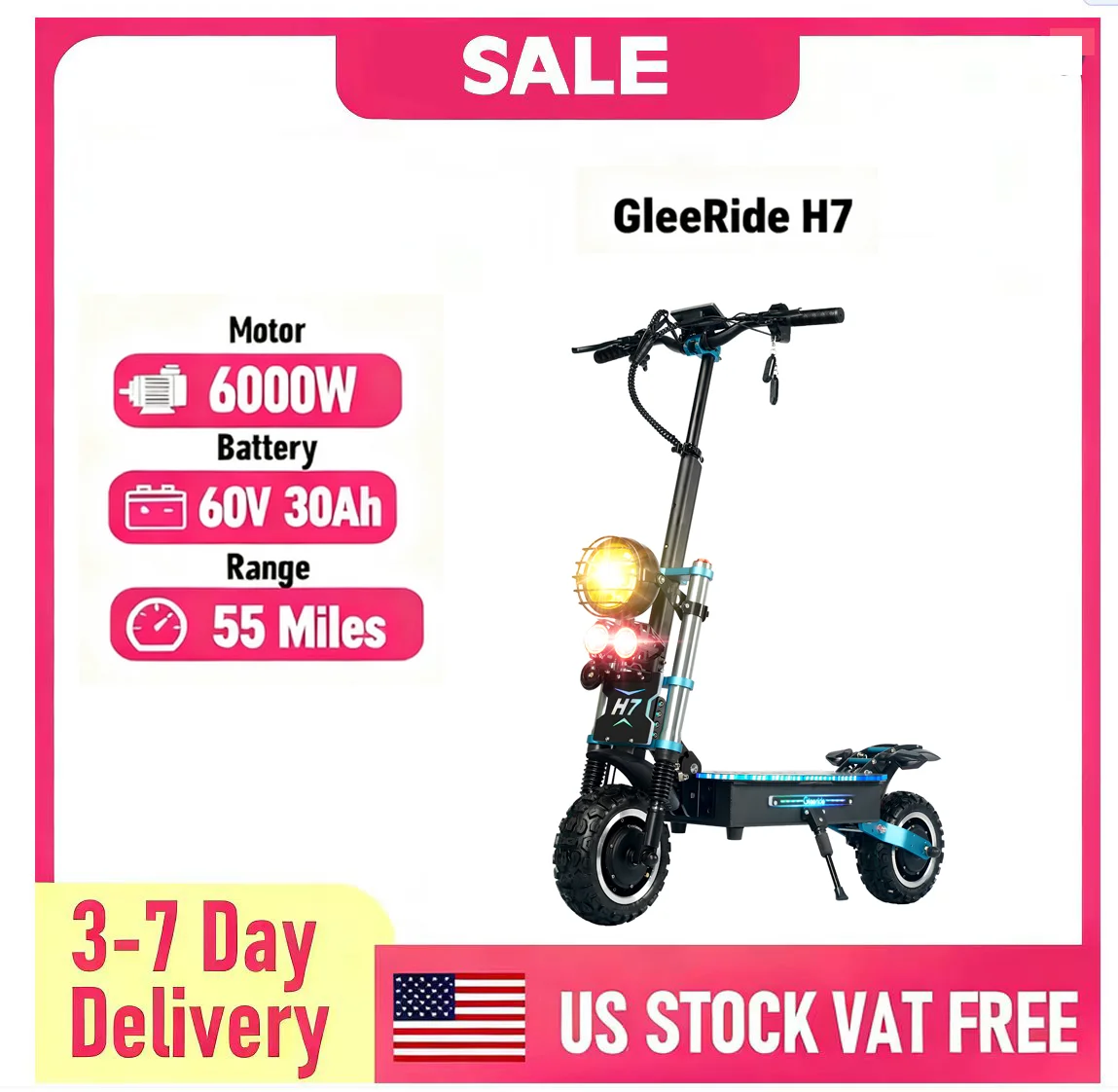 

GLEERIDE H7 11" Off-Road Electric Scooter 3000W*2 Dual Motor 60V 30Ah LG Battery Without Seat