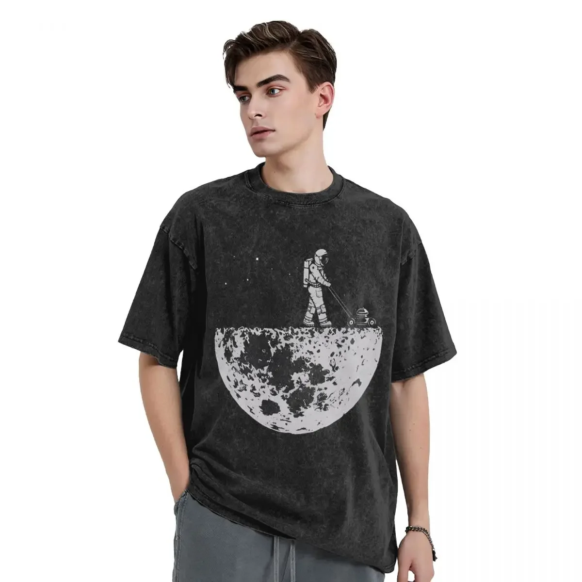 Astronauts Cherish The Lunar Environment Moon woman Men Washed Hot stamping Print T-Shirt, Cotton Tshirt Summer Short Sleeve Tee