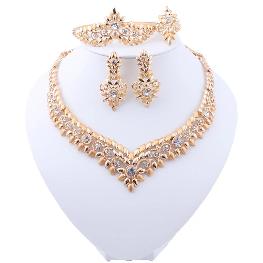 Dubai Wedding Necklace For Women African Jewelry Sets Bracelet Earrings Ring Bridal Design Gold Color Jewelery Set