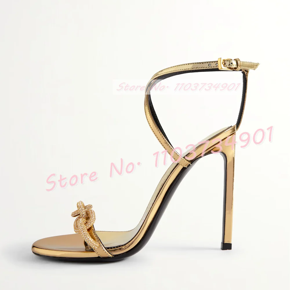 Crystal Chain Cross Strap Sandals In Gold Women Real Leather High Heels Shoes Ladies Luxury Open Toe Ankle Strap Metallic Shoes