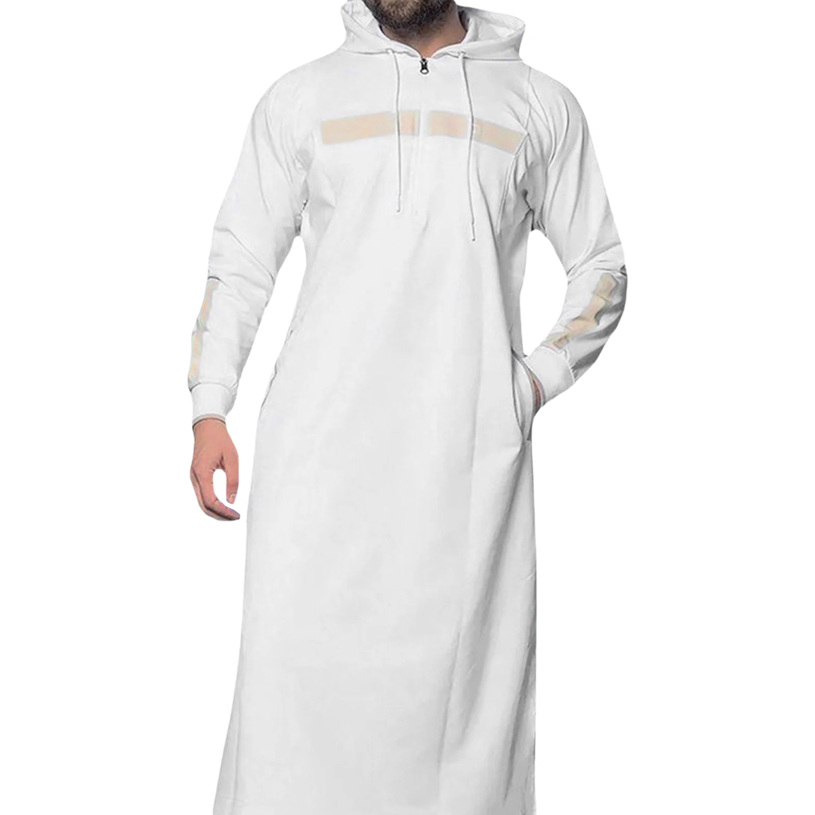 Douhoow Hooded Jubba Thobe Oversized Drawstring Long Striped Robe for Men Long Sleeve Zipper Contrast Color Jubba Thobe Clothes