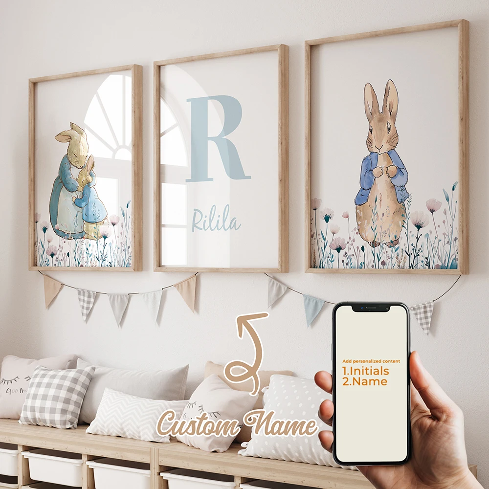 

3pcs Personalized custom name cute cartoon animal rabbit Wall Art Print Picture For Living Room Kids Boy Room Home Decor Gift