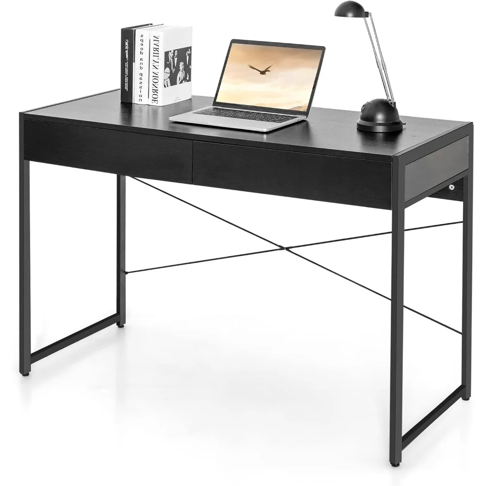 

Computer Desk with 2 Drawers, Simple Wooden Study Writing Desk with Steel Frame, 44 Inches Laptop PC Workstation, Student Desk