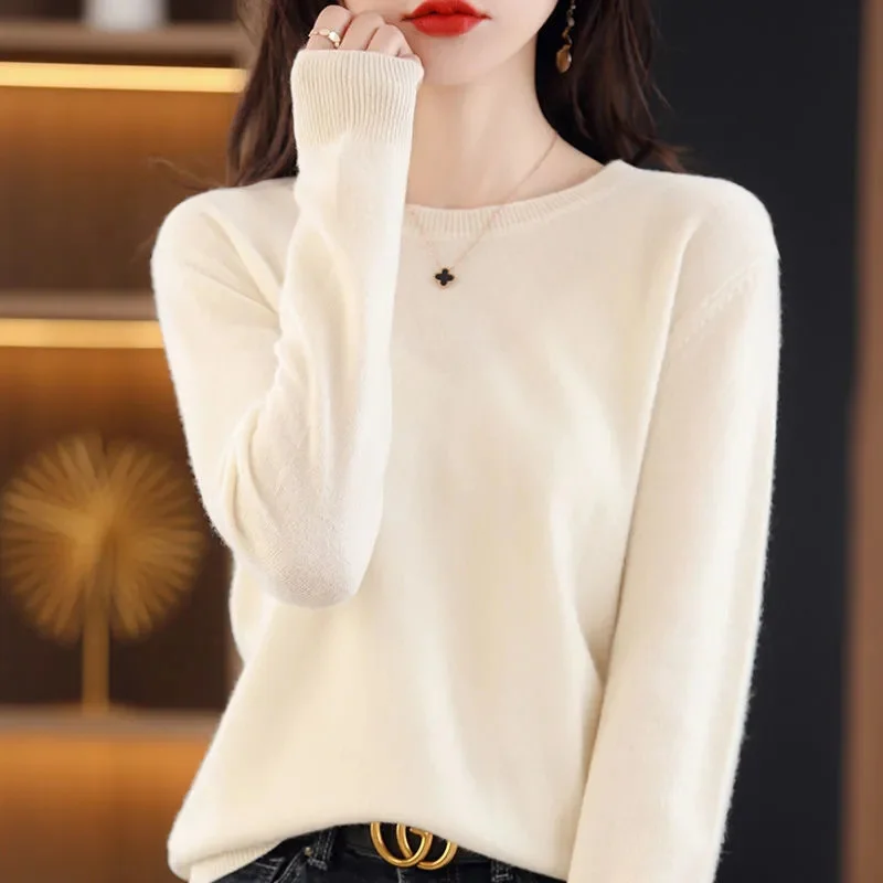 

Women's 100% Pure Wool Cashmere Sweater O-Neck Pullover Knitted Casual Sweater Winter New Long-Sleeved Warm High-Grade Jumper