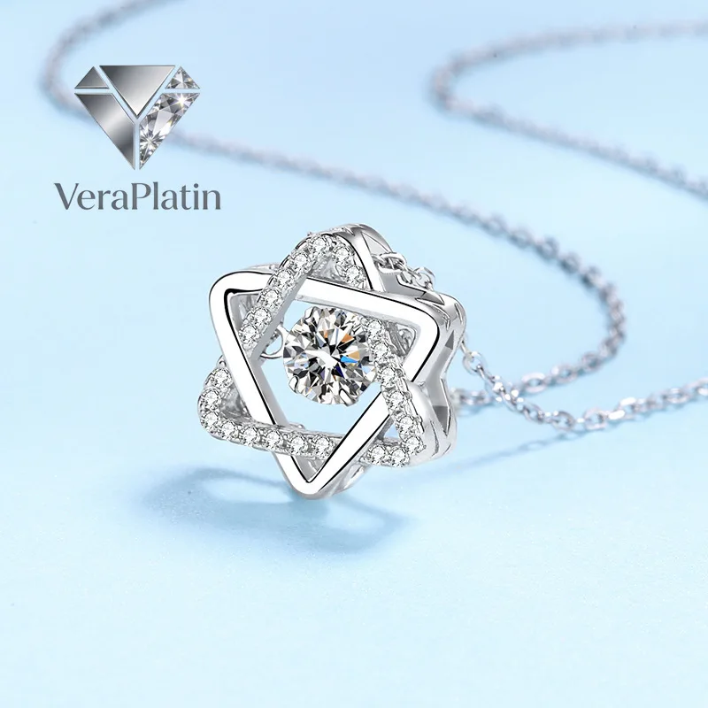 

VeraPlatin Women Valentine's Day 18K White Gold Necklaces 0.5CT Moissanite Diamond Girl Birthday Gift PT950 Star of David Hexagr