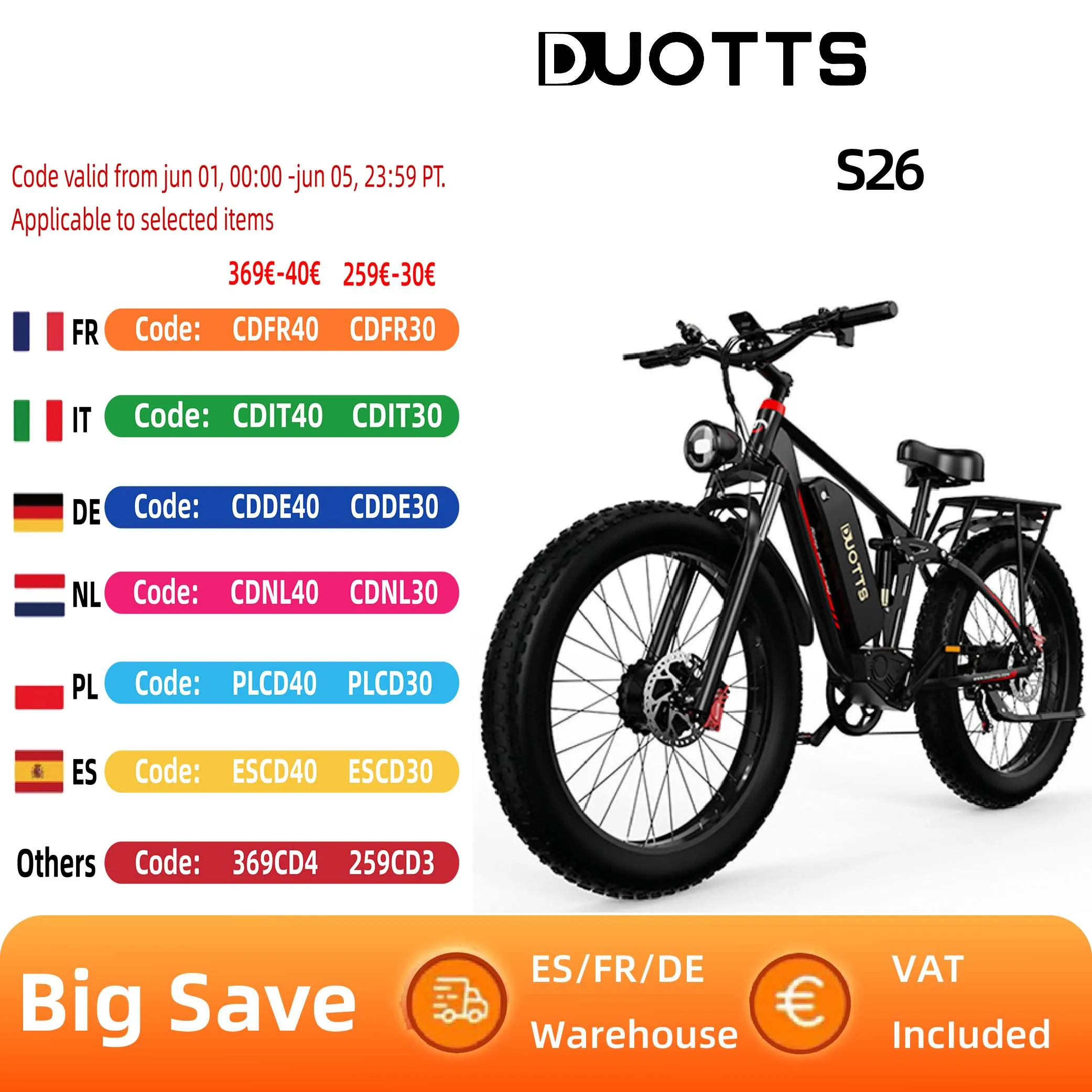 DUOTTS S26 Elektrofahrrad 750 W * 2 Doppelmotor 48V20AH Batterie Schnee-Elektrofahrrad 26 Zoll