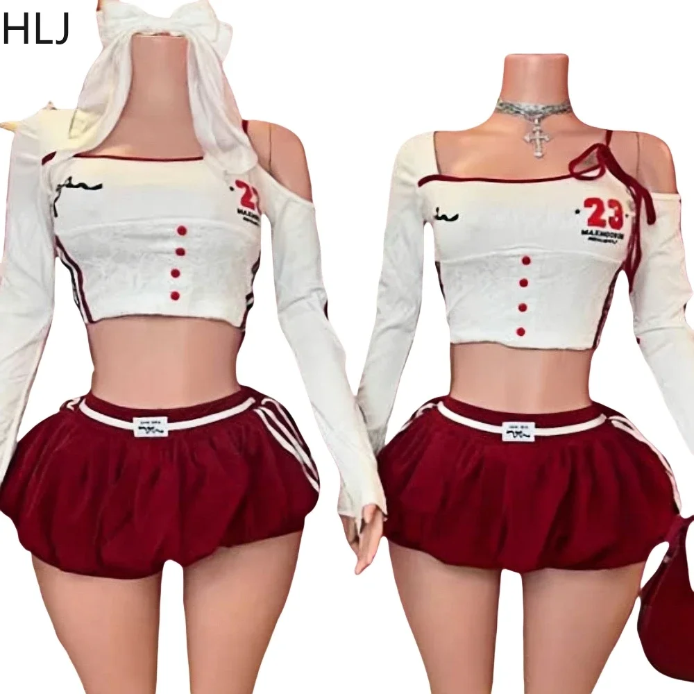 HLJ&GG Y2K Fashion American Women Two Piece Sets Women Off Shoulder Lace Patchwork Top + Bubble Mini Skirts Outfits Streetwear