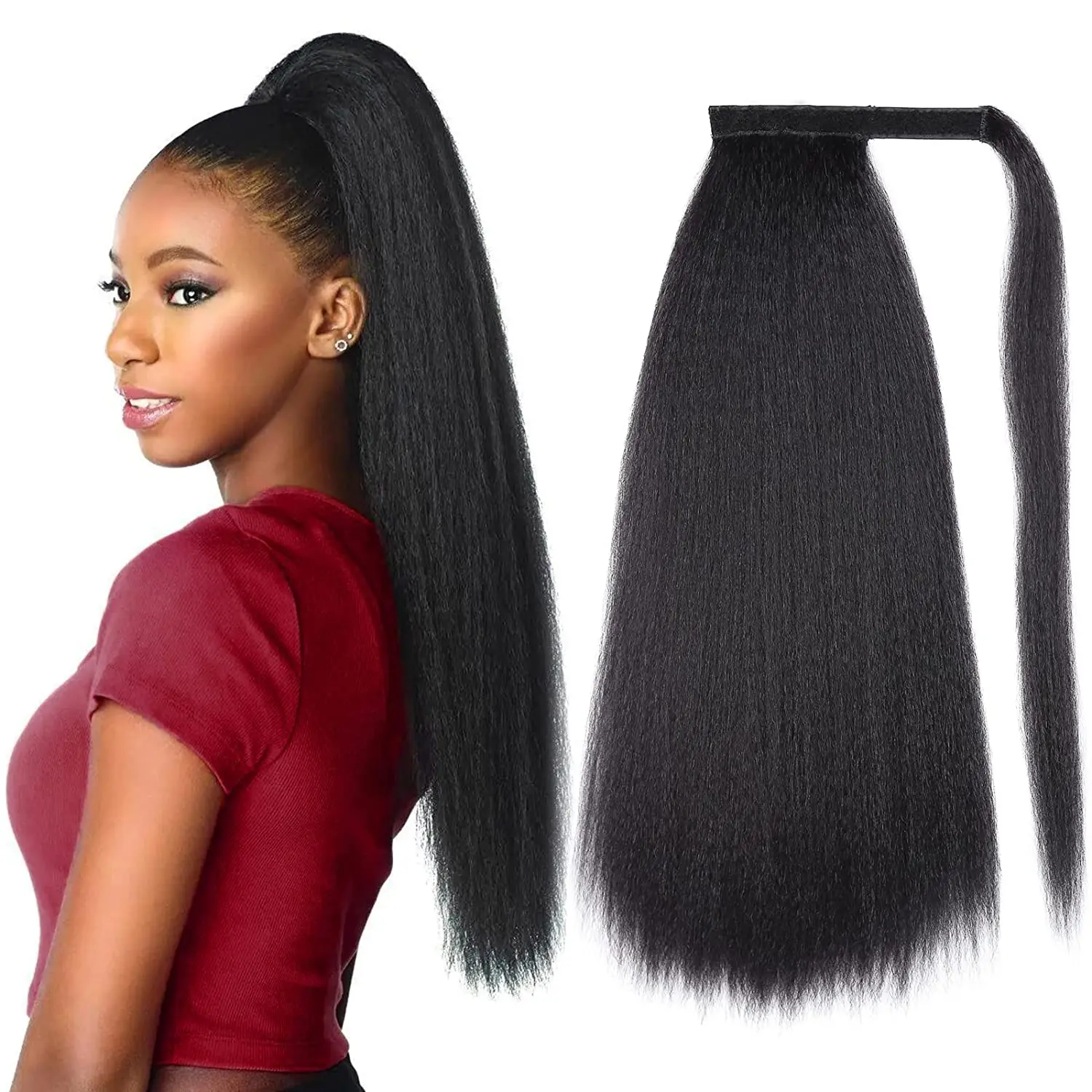 Yaki Straight Ponytail Hair Extensions For Black Women Wrap Around Clip In Magic Paste Heat Resistant Synthetic Hair Piece