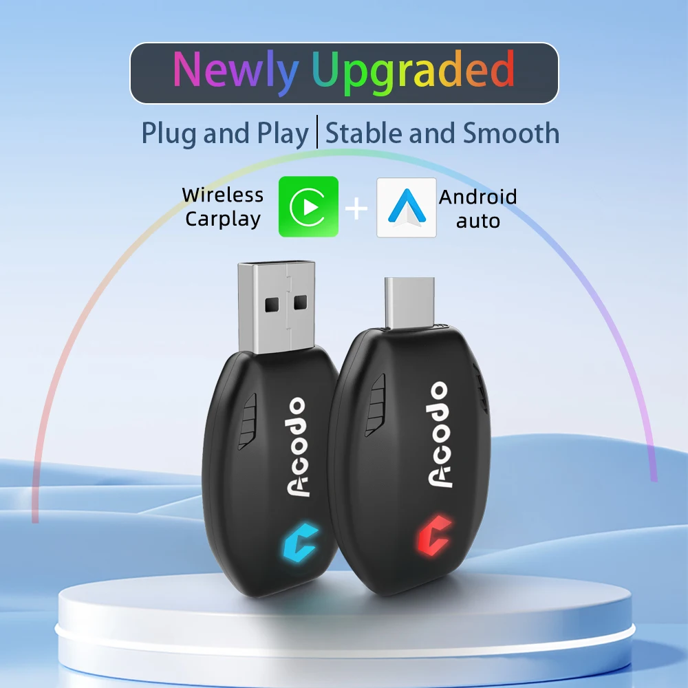 2in1 Wireless to Wired Carplay&Android Auto Mini Size  Stable and Smooth Connect with USB/ Type-C Connector Colorful RGB Lights