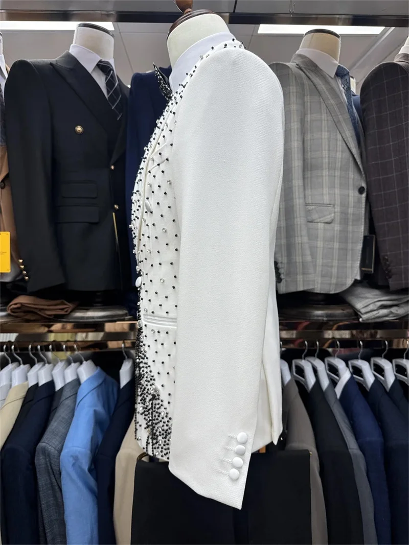 白人男性スーツセット 2 個ブレザー + パンツズボン高級石クリスタル結婚式のタキシードジャケットフォーマルオフィス綿男性コート