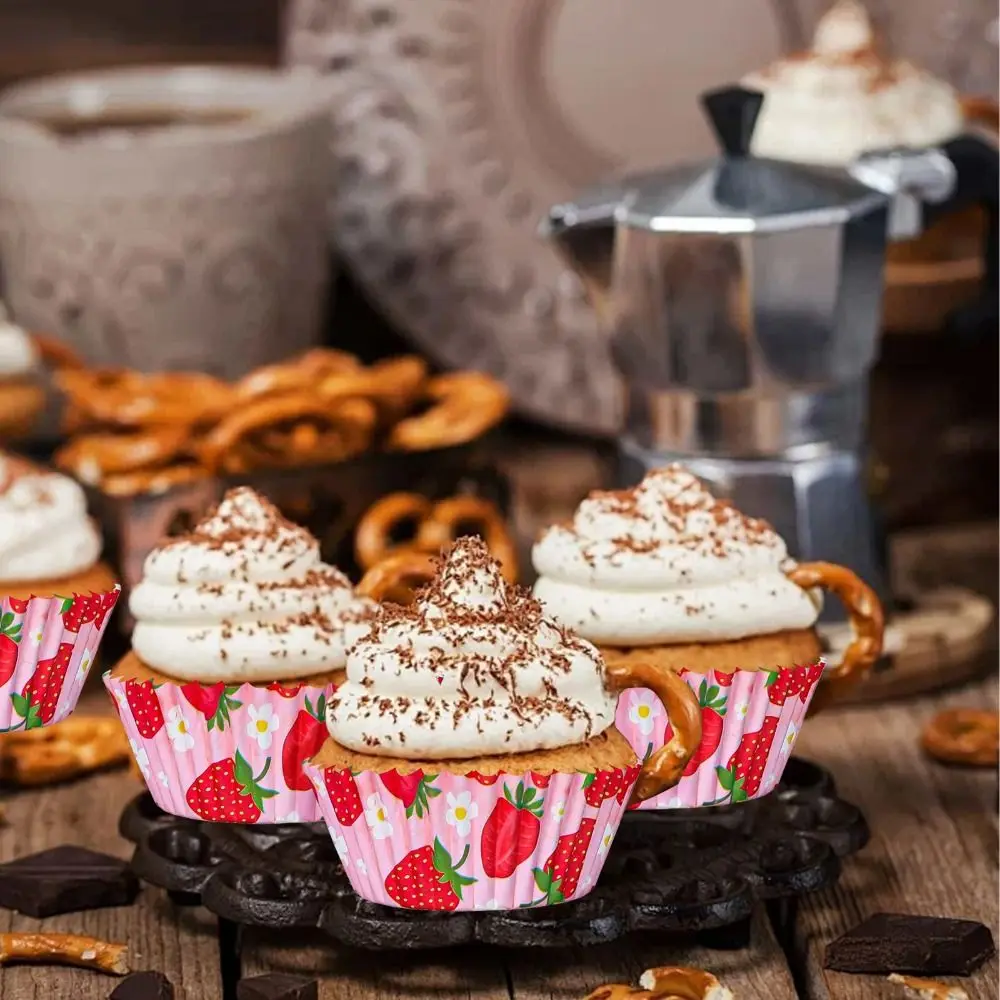 300PCS Pink Strawberry Cupcake Liners Summer Fruit Theme Paper Cups Strawberry Cupcake Toppers Standard Cupcake Liners Bulk