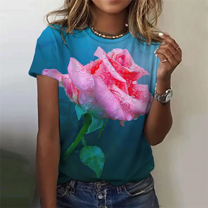 New Summer Vintage 3D Floral Roses Printing T Shirt Women Flowers Graphic T Shirts Girls Fashion Short Sleeves Tee Shirt Clothes