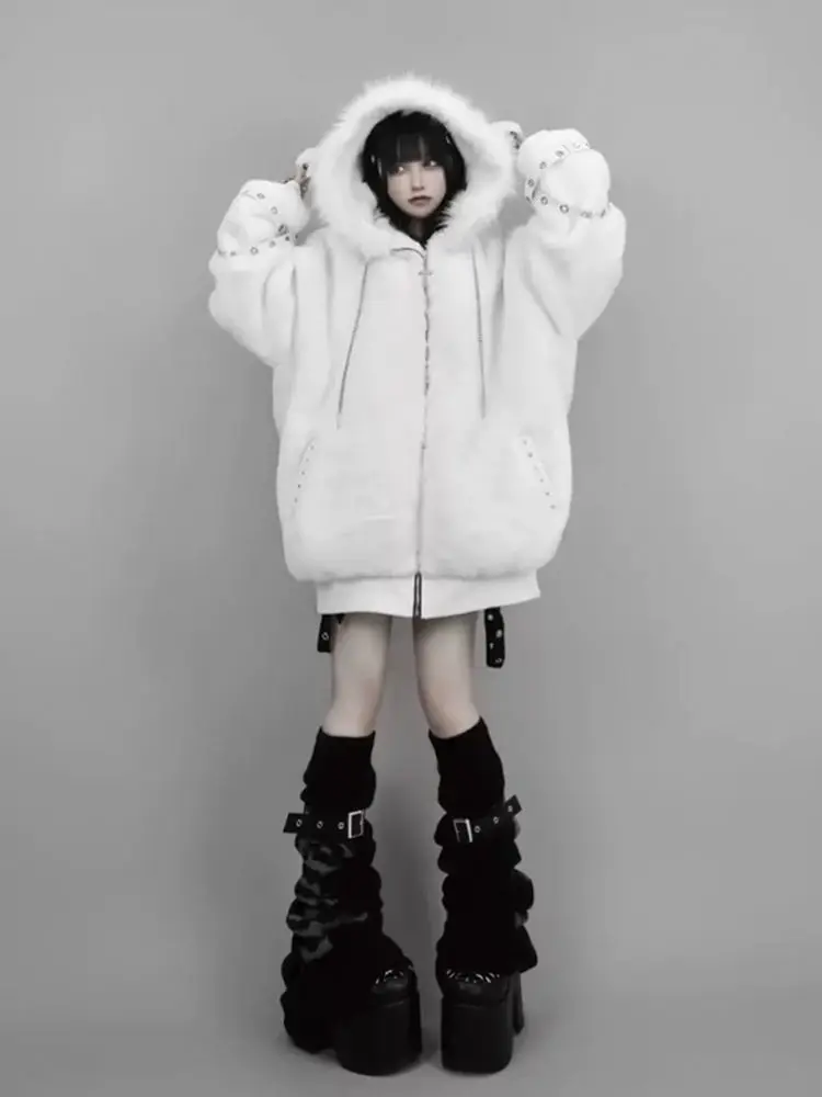 Autumn Winter Japanese Oversized Warm Soft White Faux Fur Coat Women with Hood Harajuku Vintage Y2K Fluffy Jacket Streetwear
