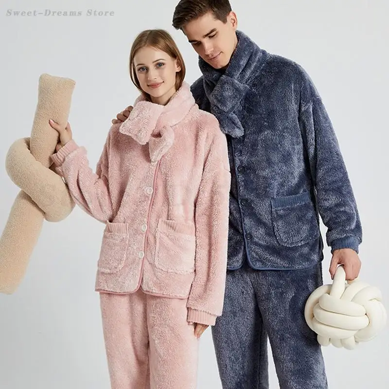 

Autumn Winter Couple's Pajamas Set Thick Warm Sleepwear Lounge Wear Men Loose Casual Home Clothes Women Sweet Flannel Pyjamas