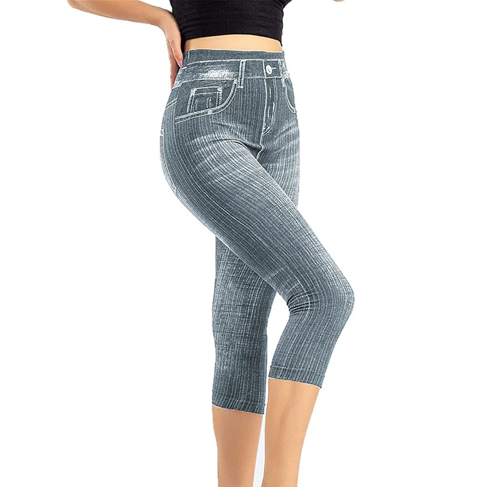 Frauen hoch taillierte Imitation Denim Stil Stretch Leggings sexy Mode Shape wear bedruckte enge Bleistift Capri hose