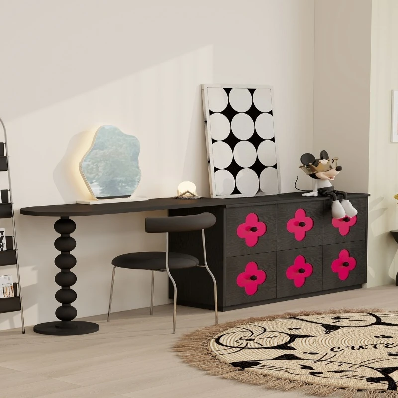 

chest of drawers, integrated telescopic table, bedroom dresser, bedside cabinet, red makeup table