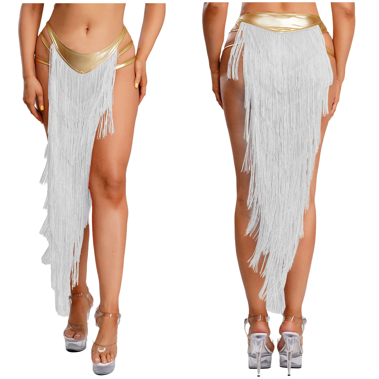 女性アラビアオリエンタルインドベリーダンススカートメタリックストラップサイドタッセルスカート内蔵ブリーフカーニバルパフォーマンスコスチューム