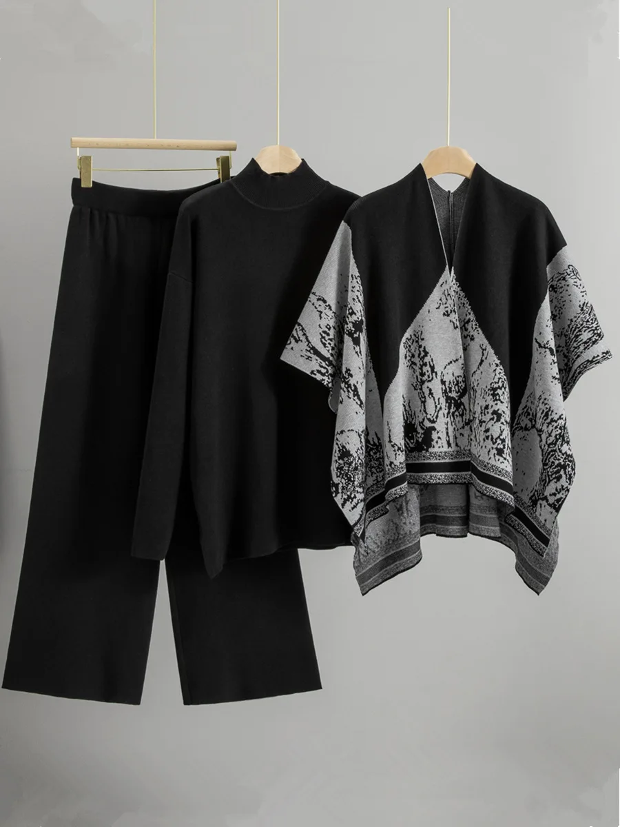 여성 캐주얼 니트 3 피스 세트 한국어 하프 터틀넥 스웨터 탑 프린트 숄 Conjuntos 하이 웨이스트 스트레이트 팬츠 복장 New