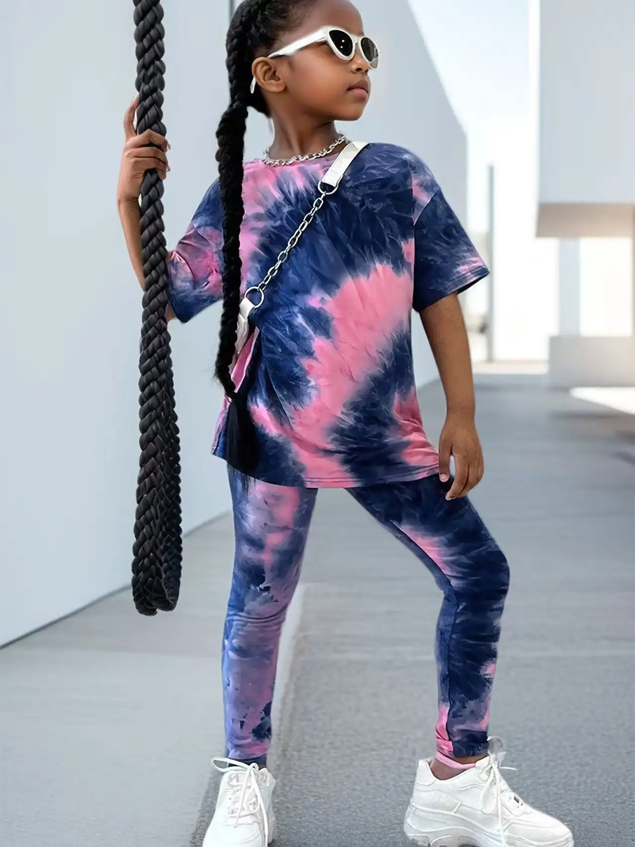 

Girls Summer Purple Pantsuit Tie Dye Full Print Short Sleeve Two-piece Fashion Casual Pantsuit 1-8Y Kids Outfits