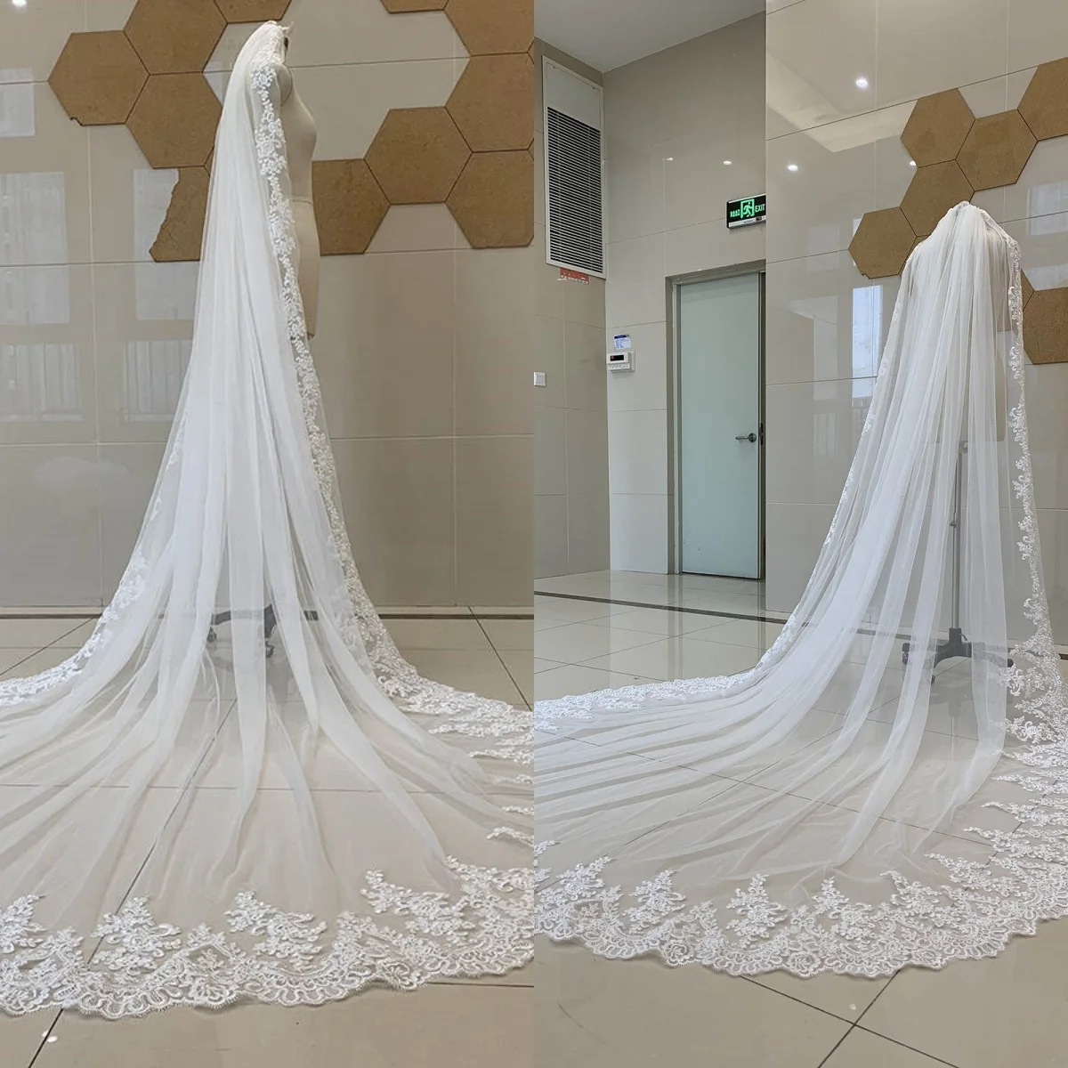 Gorgeous Wedding Veil Appliques Lace One Layer Long Cathedral Length Veils Applique Edge Velo De Cabeza Custom Made High Quality