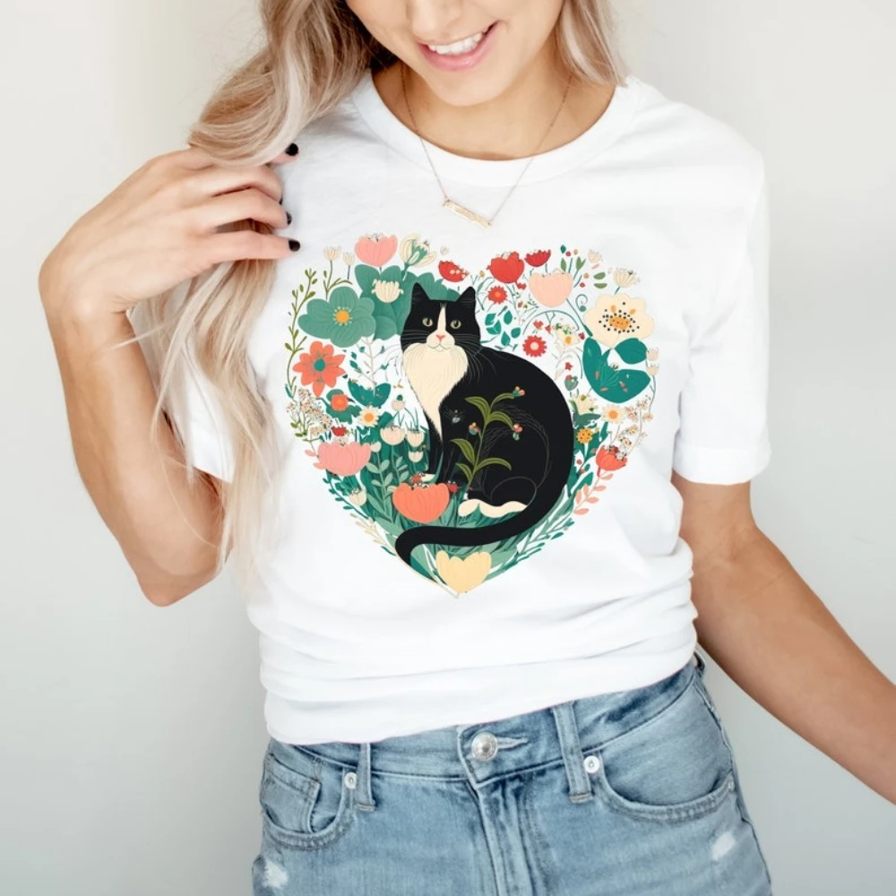

Floral Tuxedo Cat Shirt Cottagecore Shirt Creative Design Plants and Cats Lover Tshirt Women Summer Crewneck Cotton Short Sleeve