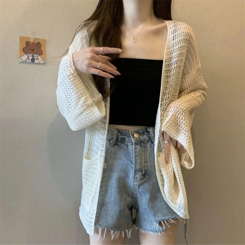 

Cardigan Women Long Sleeve Knitted Tops Hollow Out Minimalist Summer Outwear Pockets Loose Casual Designed Sun Protection Chic