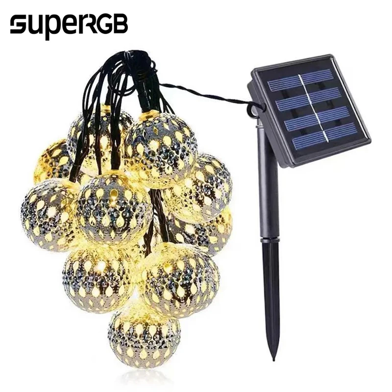 Zonne-Marokkaanse Zilveren Metalen Ballen Stringlichten Hanglamp Led Globe Fee Licht Voor Buitentuin Binnenplaats Vakantie Decor