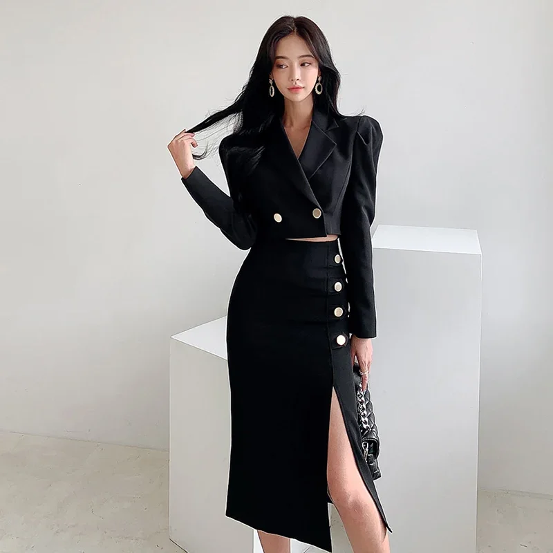 Insozkdg Professional Women's Suit Spring Autumn Fashion Waist-Cinching Blazer + High-Waisted Side-Slit Skirt Two-Piece Set New