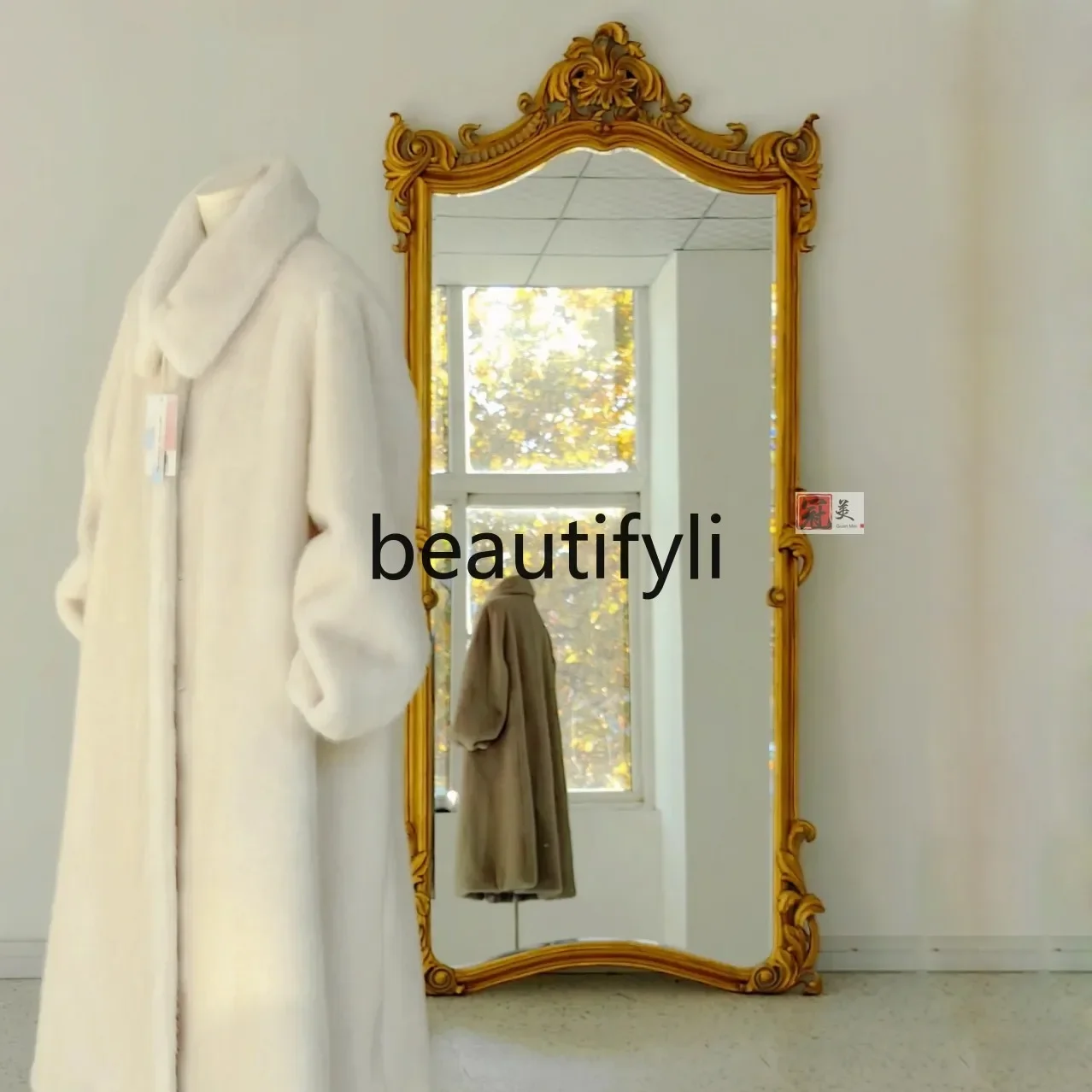 

French, full body, retro carved European floor mirror American cloakroom dressing, bedroom fitting mirror