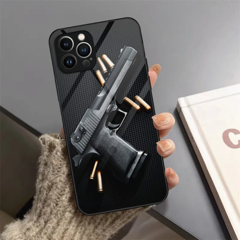 AK47 Handgun Gun BUllets Phone Case Tempered Glass For IPhone 15 14 11 12 13 Pro XS Max Plus Mini X XR 8 7 6s SE2020 Cover