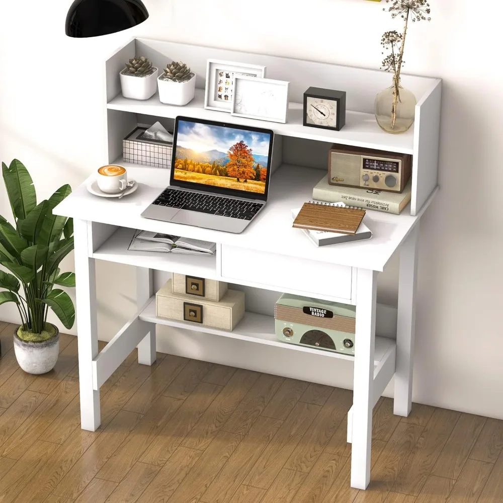 White Desk with Hutch, Home Office Writing Study Desk with Storage Bookshelf & Drawer, Modern Makeup Vanity Desk for Bedroom