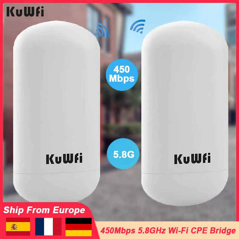 KuWFi 5.8GHz Outdoor Bridge 450Mbps Wireless CPE Wi-Fi Bridge PTP Up to 2KM Wifi Access Point AP Client Mode 8dbi Panel Antenna