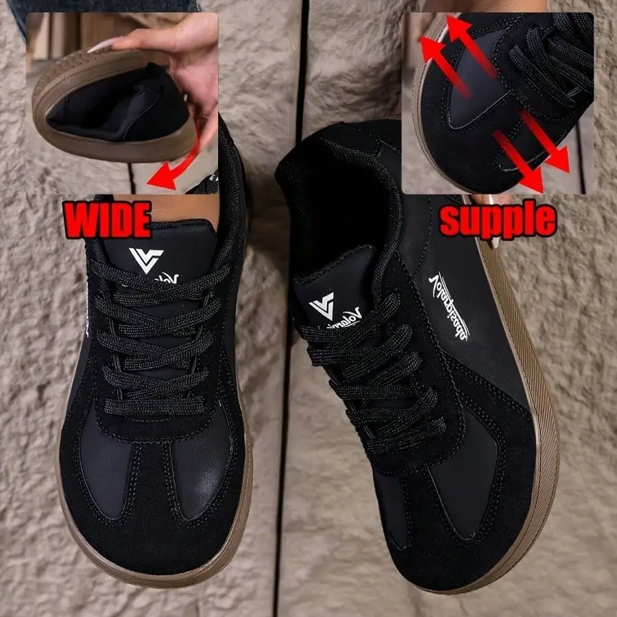 

Women Retro Low Top Sneakers Wide Toe Box Lace Up Casual Trainers, Soft Leather Flat Gum Sole Walking Shoes, Multi Color Minimalist Footwear for Office Daily Travel Shopping Street All Season Wear