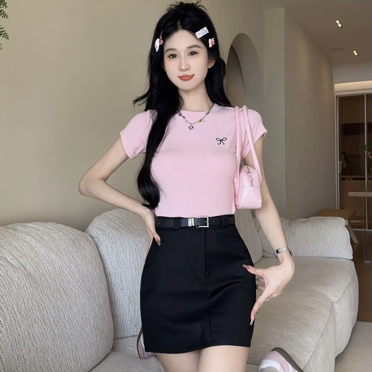 Korea Two Piece Set Summer The New College Style Short-Sleeved Female French Sweet Spice Girl Round Neck Slim And Slim Top