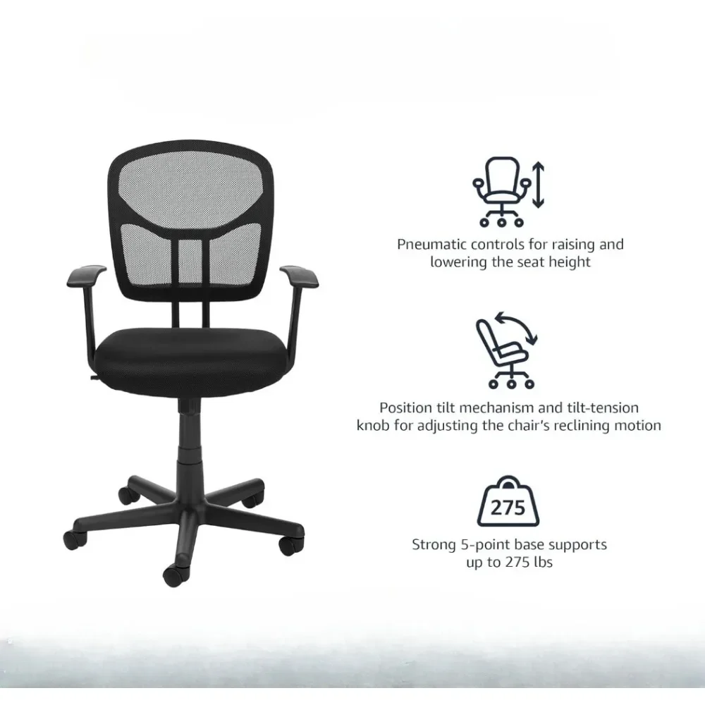 Mesh Mid-Back Adjustable-Height 360-Degree Swivel Office Desk Chair With Armrests and Lumbar Support Black Computer Armchair