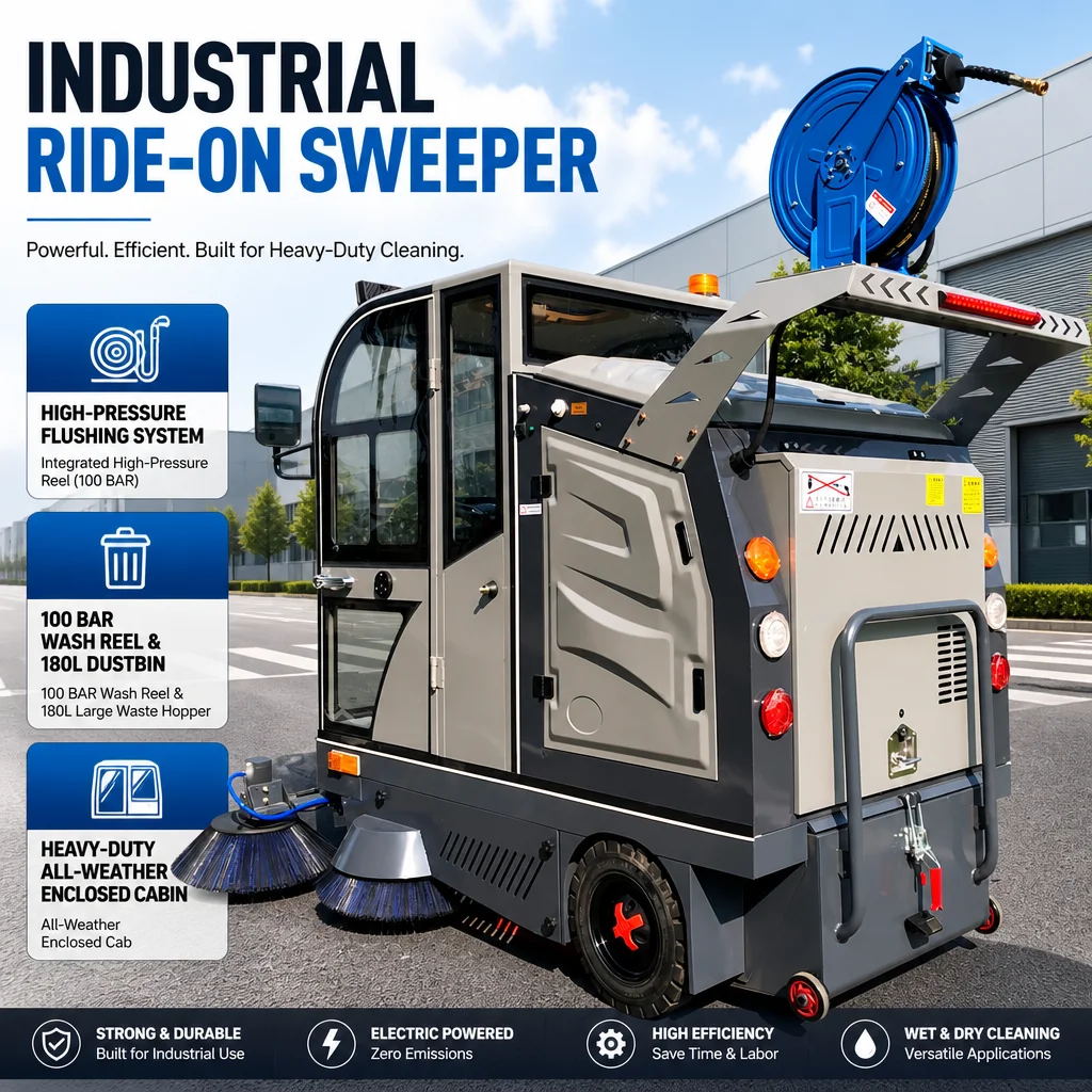 Wolf Warrior 2200mm Electric Ride on Road Sweeper 48V Commercial Street Cleaning Machine Enclosed Cabin Floor Sweeper
