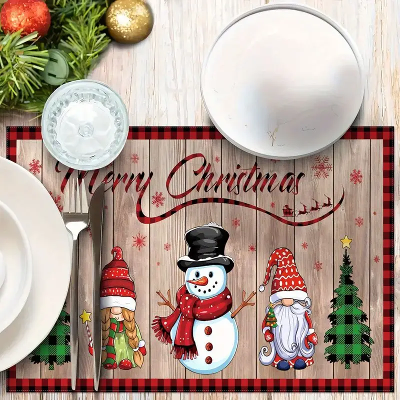 VIKAMA Christmas Placemat Snowman Santa Print Dining Table Mat Set for Kitchen Home Holiday Washable Place Mats
