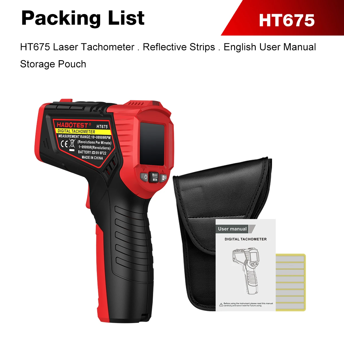HABOTEST HT675 Zeer nauwkeurige contactloze digitale lasertachometer Contactloze tachometer RPM-bereik 10-99999 RPM