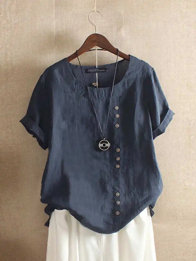 ZANZEA Summer O Neck Short Sleeve Blouse Women Cotton Shirt Casual Loose Buttons Tops Femininas Blusas Work Top Chemise Blusas