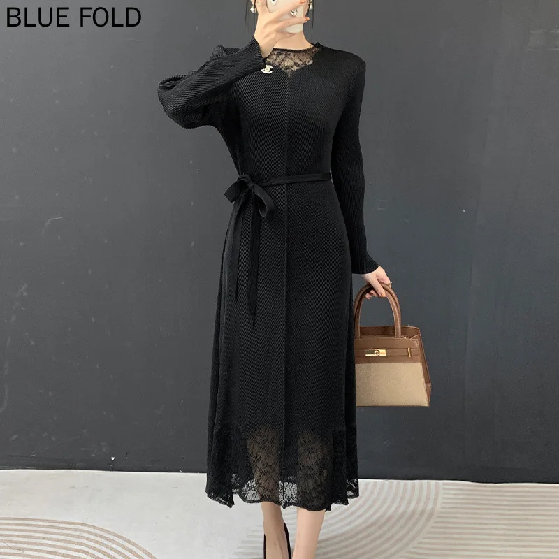 

Miyake Pleated 2026 Spring New Long-Sleeve Dress Elegant and Slimming Lace-Panel Women's Long Dress PLEATS Vestido